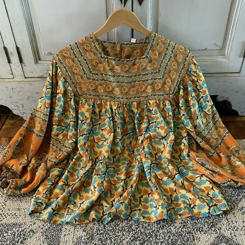 New Floral Country Cottage Core Folk Cotton Boho Top Blouse - Picture 3 of 8
